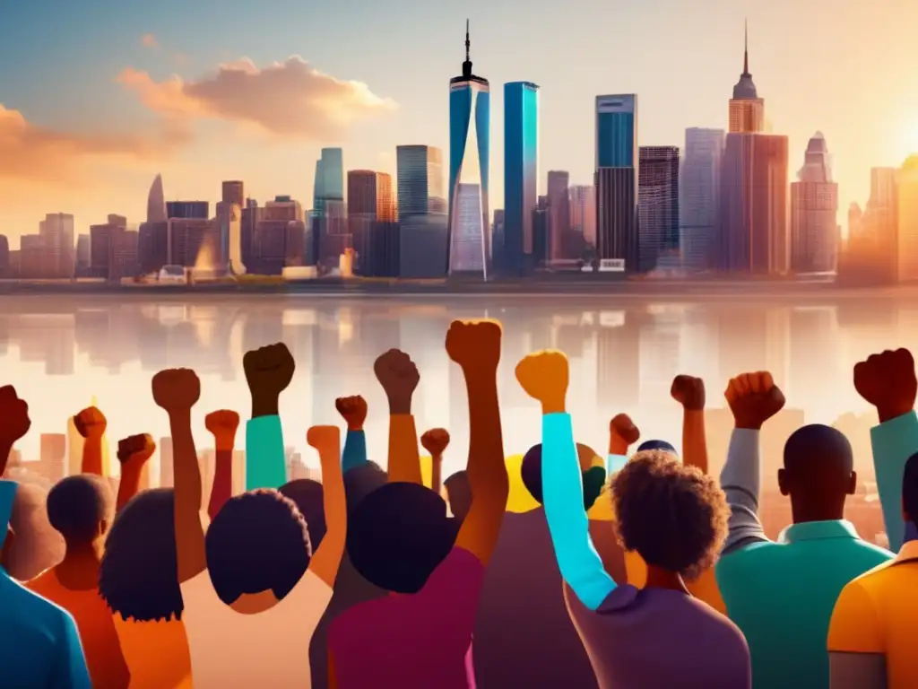 Un grupo diverso de personas levanta los puños en un gesto poderoso de unidad y activismo frente al horizonte de la ciudad