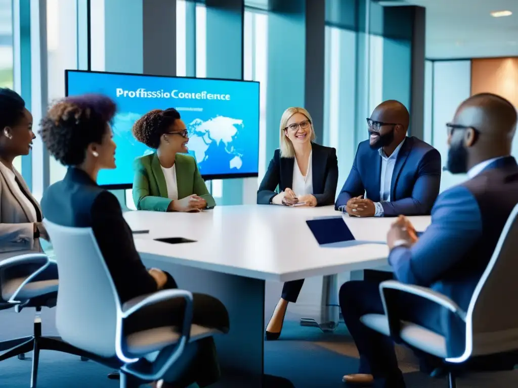 Revolucionario encuentro multidisciplinario de profesionales en acción Un grupo diverso de profesionales, representando distintas disciplinas, se reúnen en una sala de conferencias moderna y luminosa