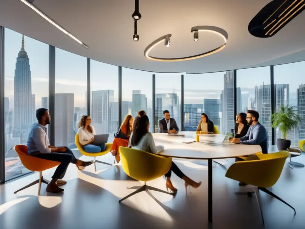 Un grupo diverso de profesionales y estudiantes colaboran en una sesión de brainstorming en un espacio moderno y luminoso