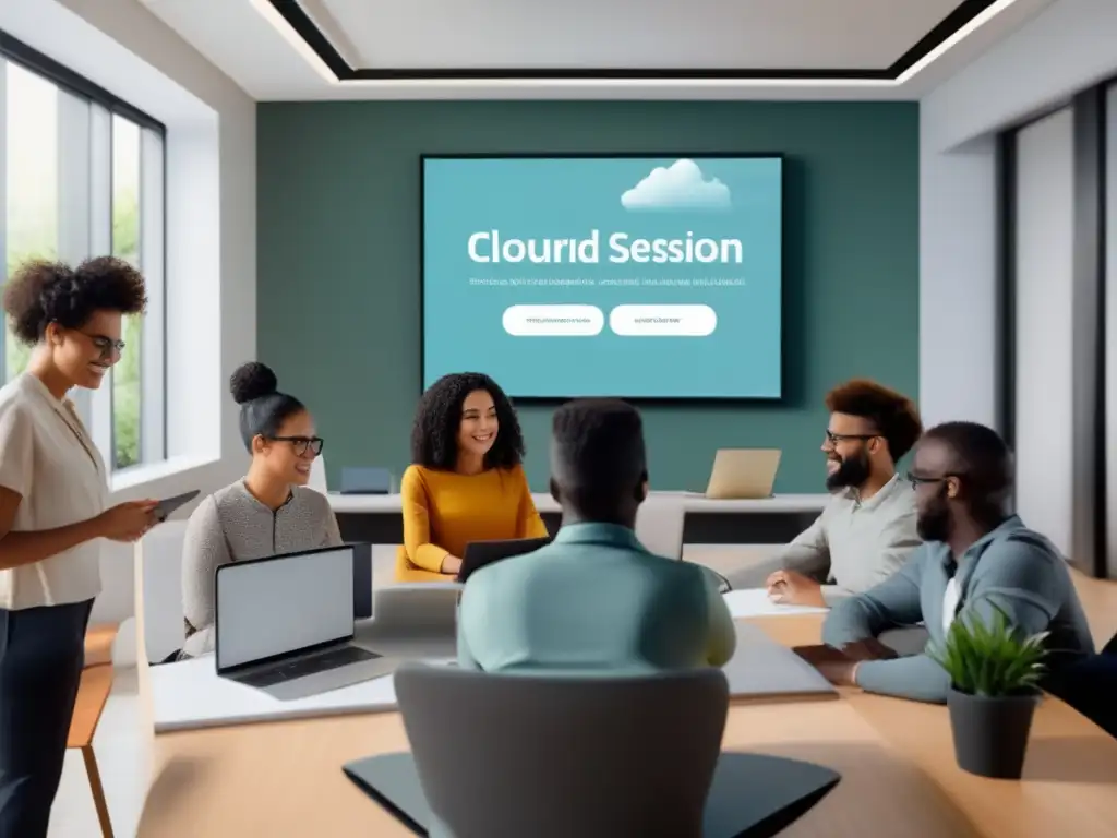 Un grupo diverso de profesionales utiliza Herramientas Cloud para Tutorías Especializadas en una aula virtual moderna y luminosa
