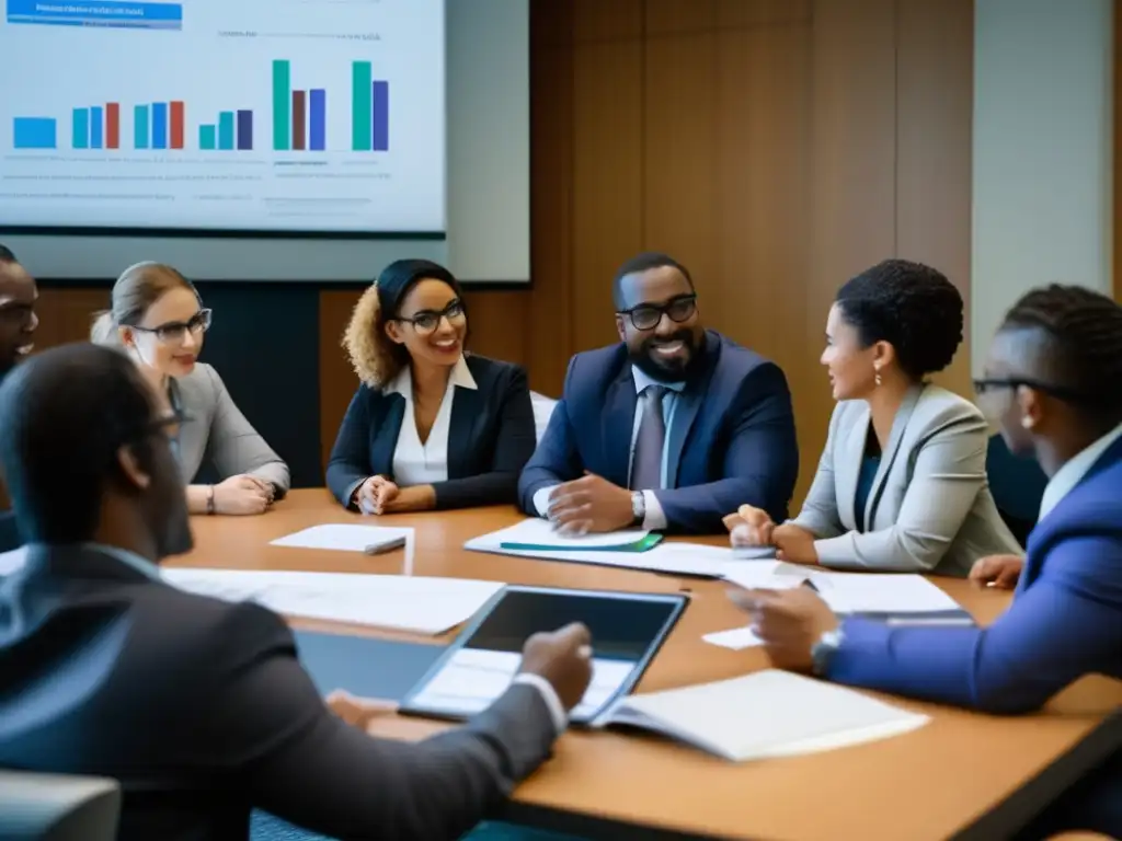 Un grupo diverso de profesionales se reúnen en una mesa de conferencias, discutiendo con entusiasmo sobre la importancia de las habilidades numéricas