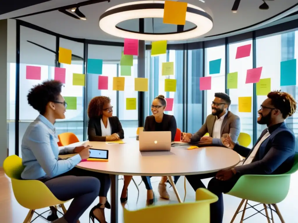 Un grupo diverso de profesionales colabora en una mesa circular, generando ideas innovadoras y aplicando el Aprendizaje Basado en Problemas (ABP)