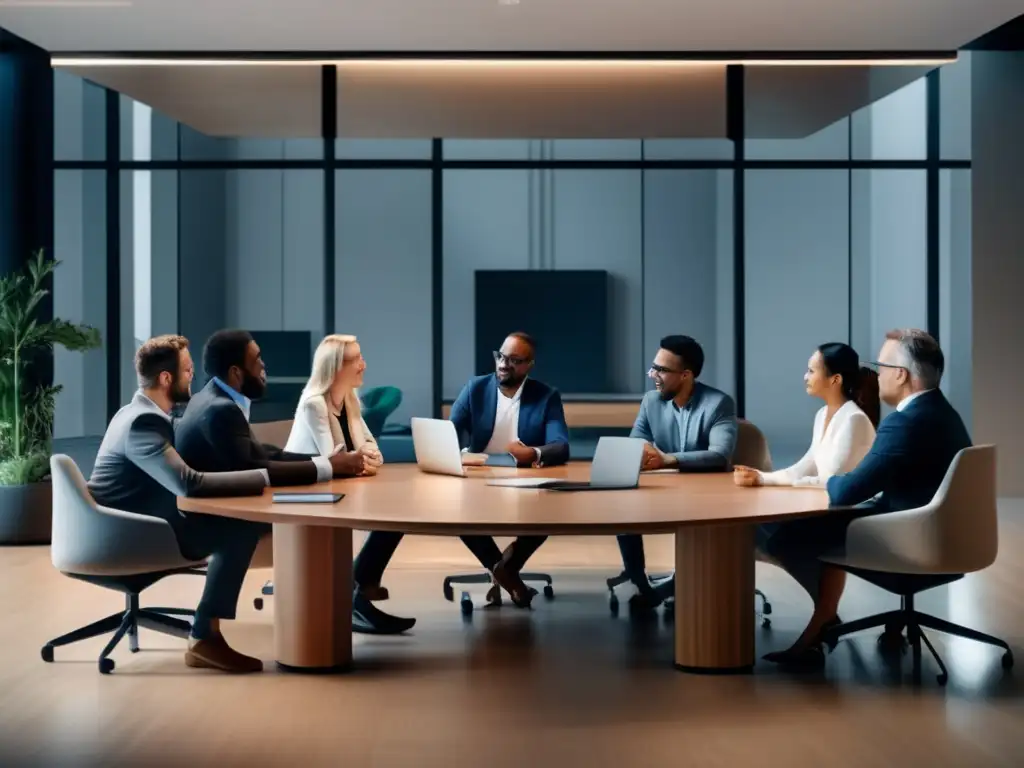 Un grupo diverso de profesionales discute animadamente en una mesa de conferencias