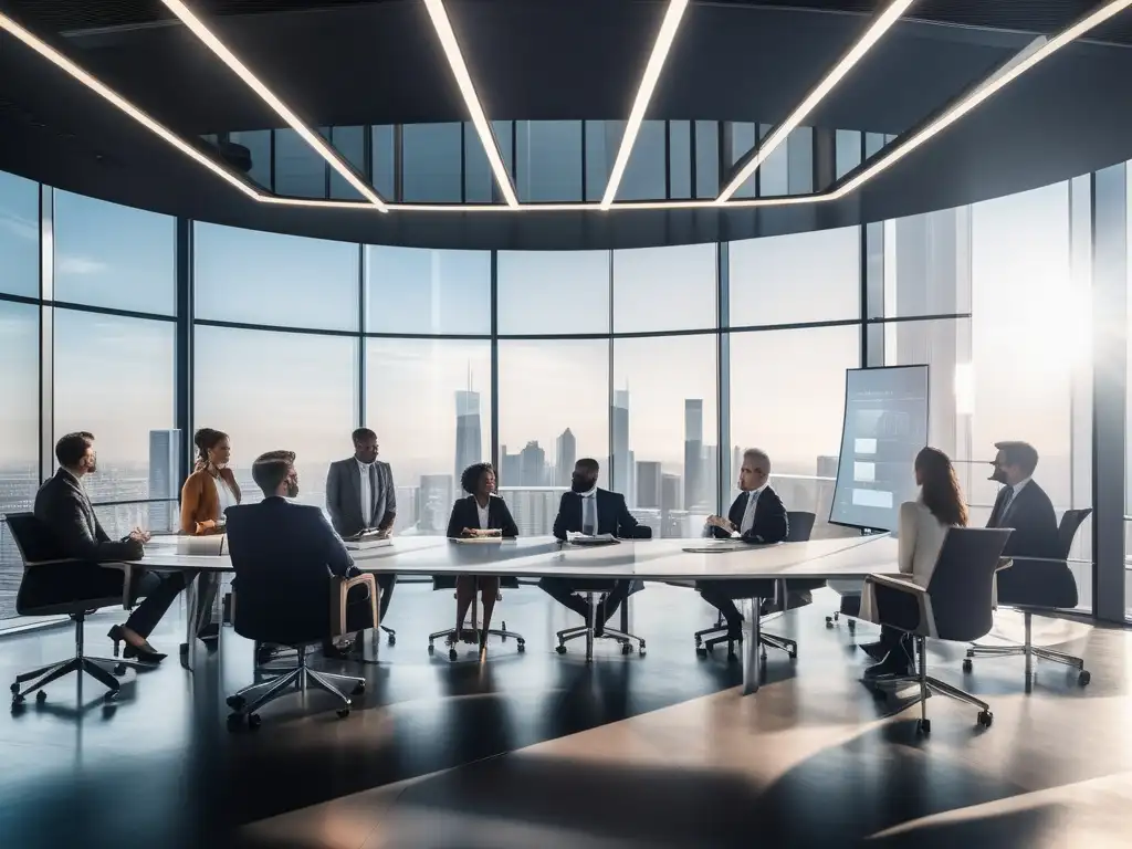 Un grupo diverso de profesionales se reúne en una sala de conferencias moderna y luminosa, rodeada de ventanas con vistas a la ciudad