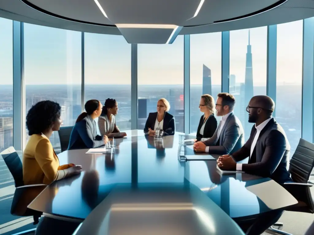 Un grupo diverso de profesionales se reúne en una sala de conferencias moderna, bañada por la luz natural de las ventanas panorámicas