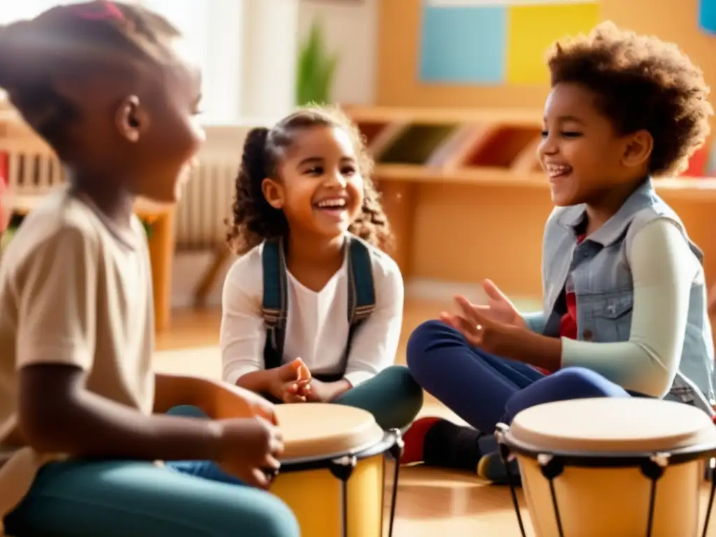 Un grupo diverso de niños sonríe y se divierte en una sesión de musicoterapia en un aula