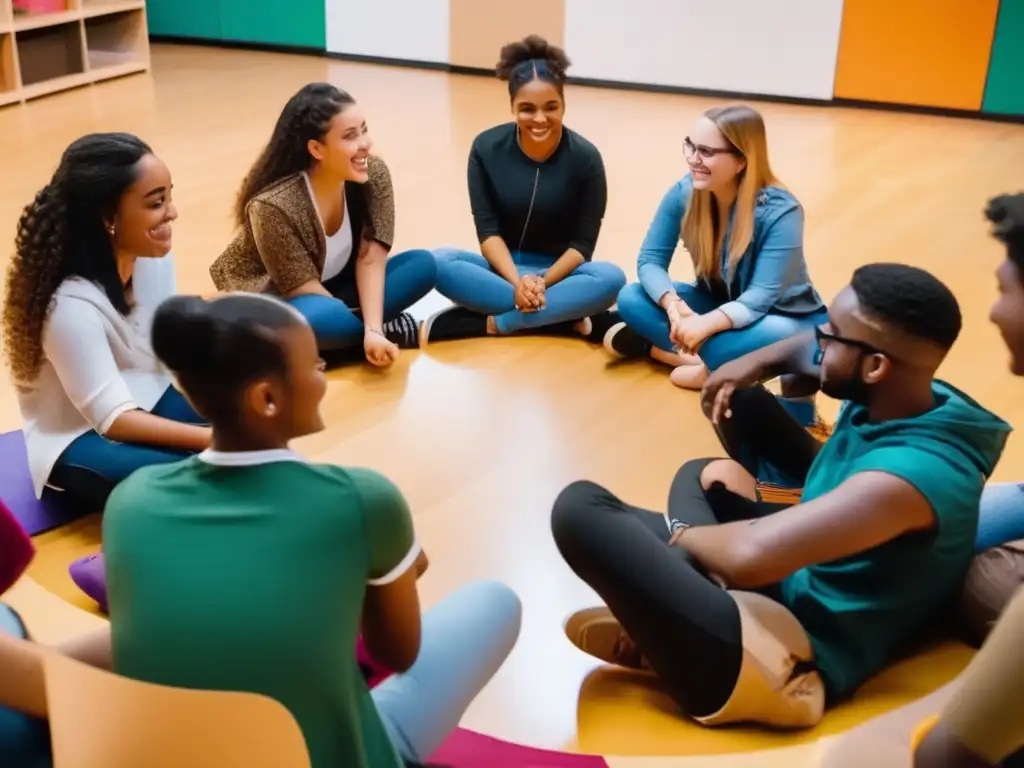 Un grupo diverso y vibrante de estudiantes se reúnen en círculo, participando en una animada discusión durante una tutoría