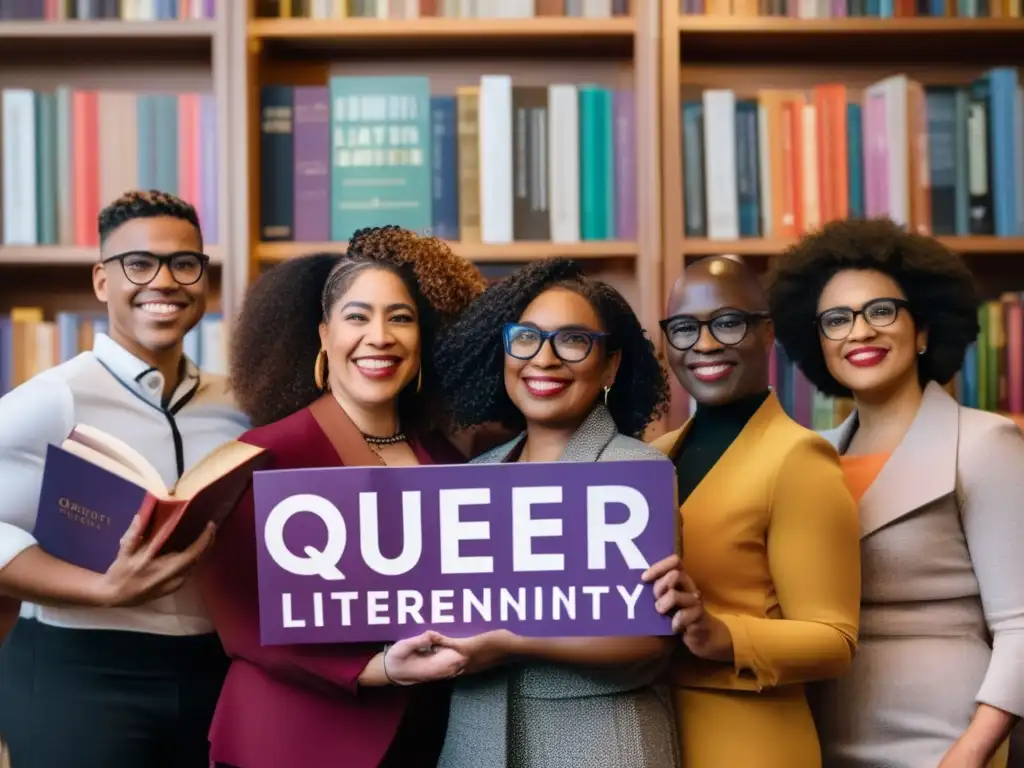 Un grupo diverso y vibrante sostiene libros de 'Literatura Queer' en una biblioteca moderna, reflejando la importancia de la visibilidad en la literatura queer