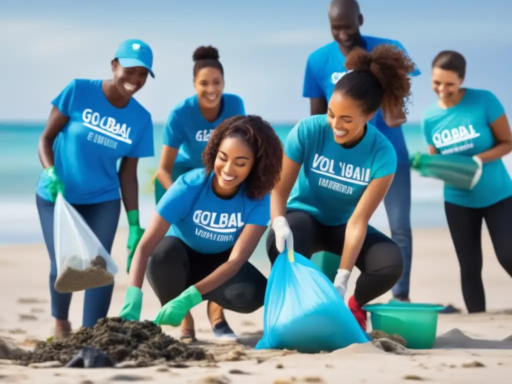 Un grupo diverso de voluntarios limpia una playa contaminada con herramientas ecoamigables