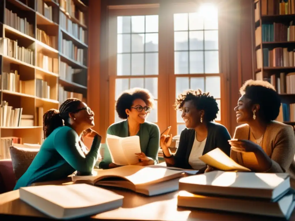 Un grupo de escritoras diversas se reúne en torno a una mesa llena de libros y papeles, inmersas en una animada discusión