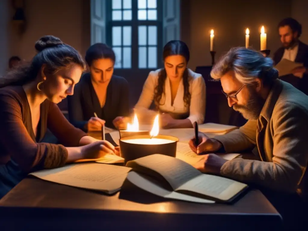 Un grupo de escritores europeos revolucionarios se reúnen en torno a una mesa iluminada por una vela