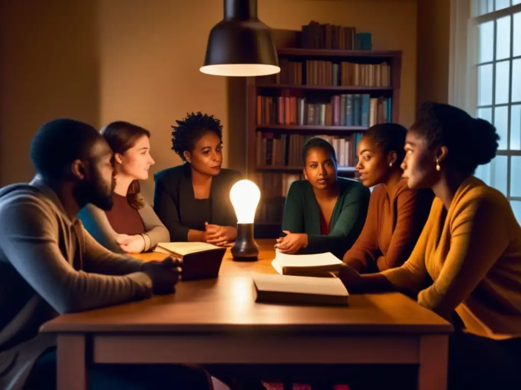 Un grupo de escritores exiliados discuten animadamente en torno a una mesa, iluminados por una sola lámpara