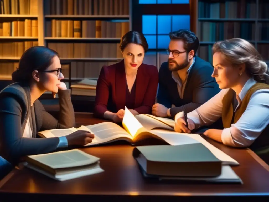 Un grupo de escritores de novelas históricas contemporáneas colaboran intensamente, rodeados de libros y documentos históricos