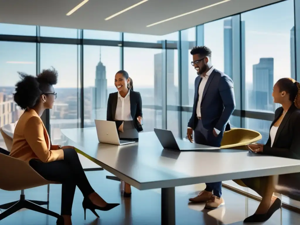 Jóvenes profesionales colaboran en proyectos escolares Un grupo de estudiantes diversos, ataviados con ropa profesional, se reúnen alrededor de una elegante y moderna mesa de conferencias