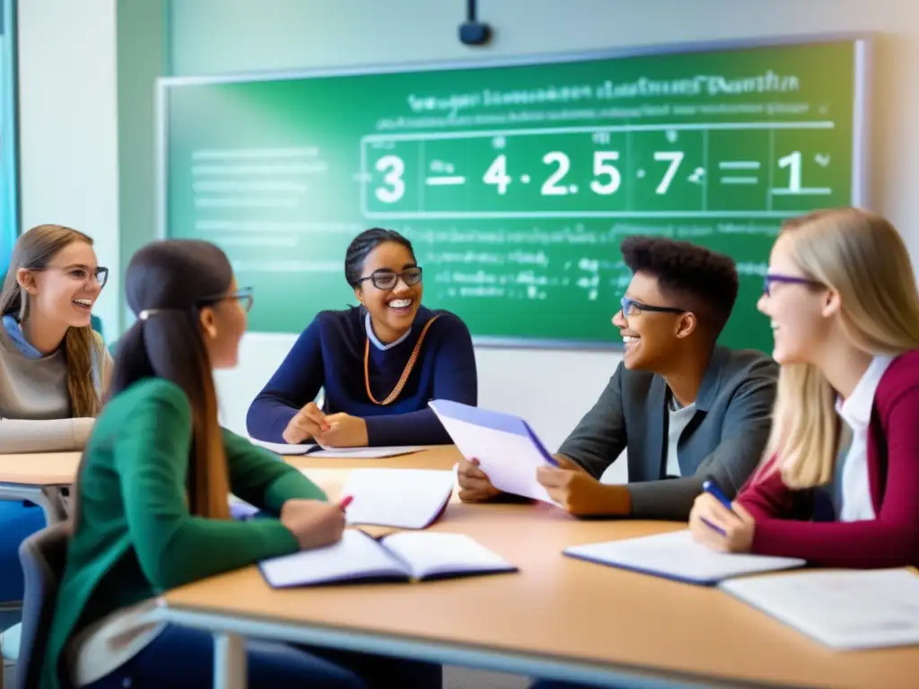 Un grupo de estudiantes se reúne en un aula brillante, discutiendo con entusiasmo sobre números complejos avanzados