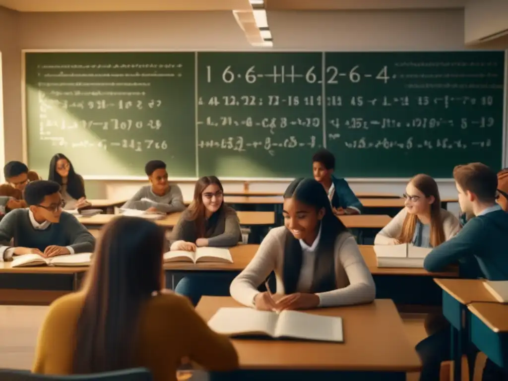 Un grupo de estudiantes se reúne en un aula luminosa, rodeados de ecuaciones y diagramas de Teoría de Números