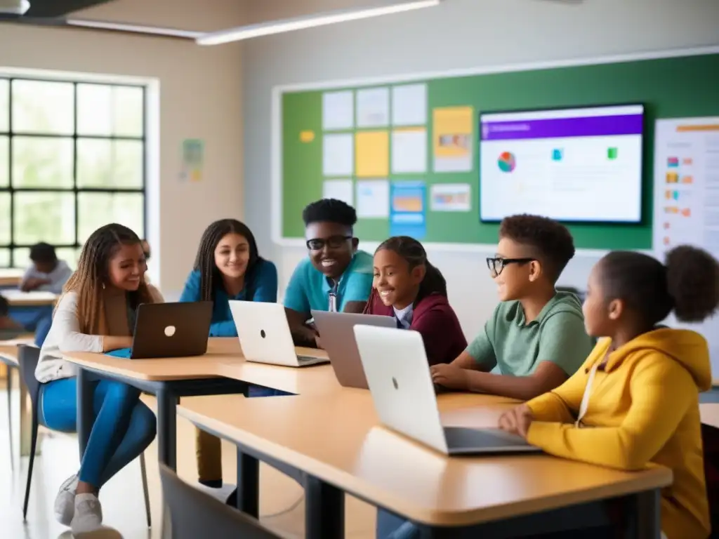 Un grupo de estudiantes diversos se sienta en un aula moderna, inmersos en un proyecto digital en sus laptops
