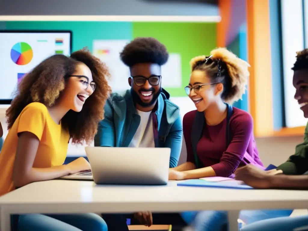 Estudiantes creativos colaborando en emocionante proyecto de diseño gráfico en un aula moderna Un grupo de estudiantes se reúne en un aula moderna, llena de color y arte, para utilizar herramientas online de diseño gráfico