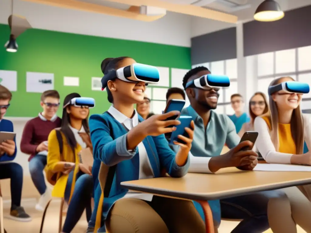 Educación del futuro: Aprendizaje interactivo con realidad aumentada Un grupo de estudiantes en un aula moderna, con gafas de realidad aumentada y smartphones, exploran el aprendizaje interactivo