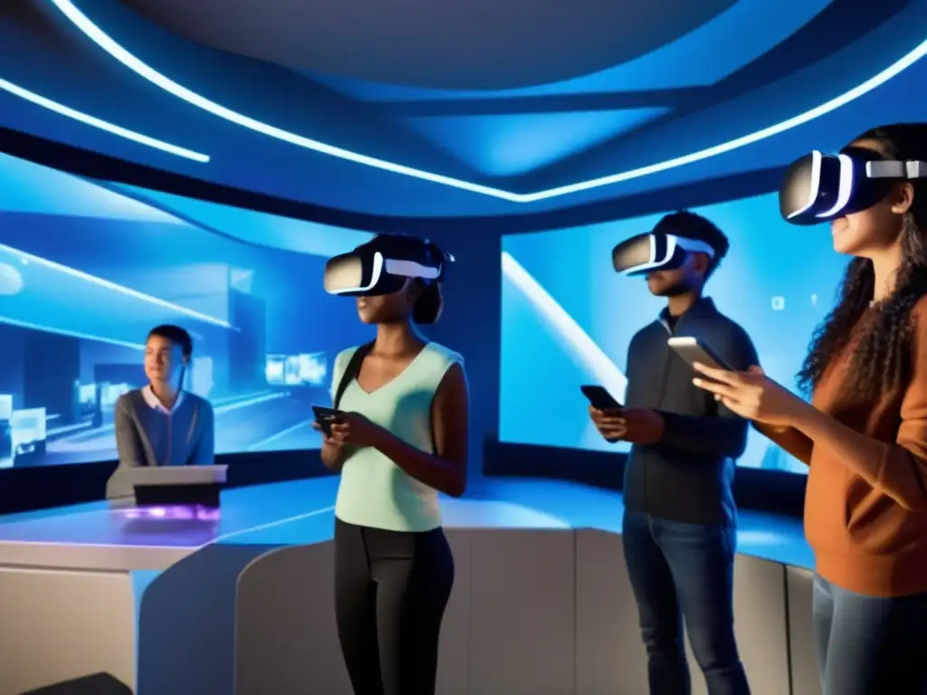 Estudiantes inmersos en la realidad virtual, sorprendidos y emocionados en un aula futurista Un grupo de estudiantes utiliza auriculares de realidad virtual en un aula futurista