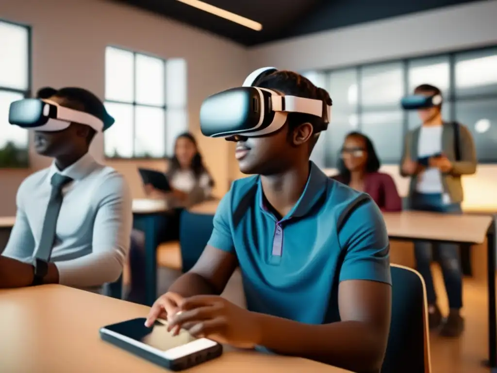 Un grupo de estudiantes diversos usa auriculares de realidad virtual en un aula virtual, explorando temas educativos con entusiasmo