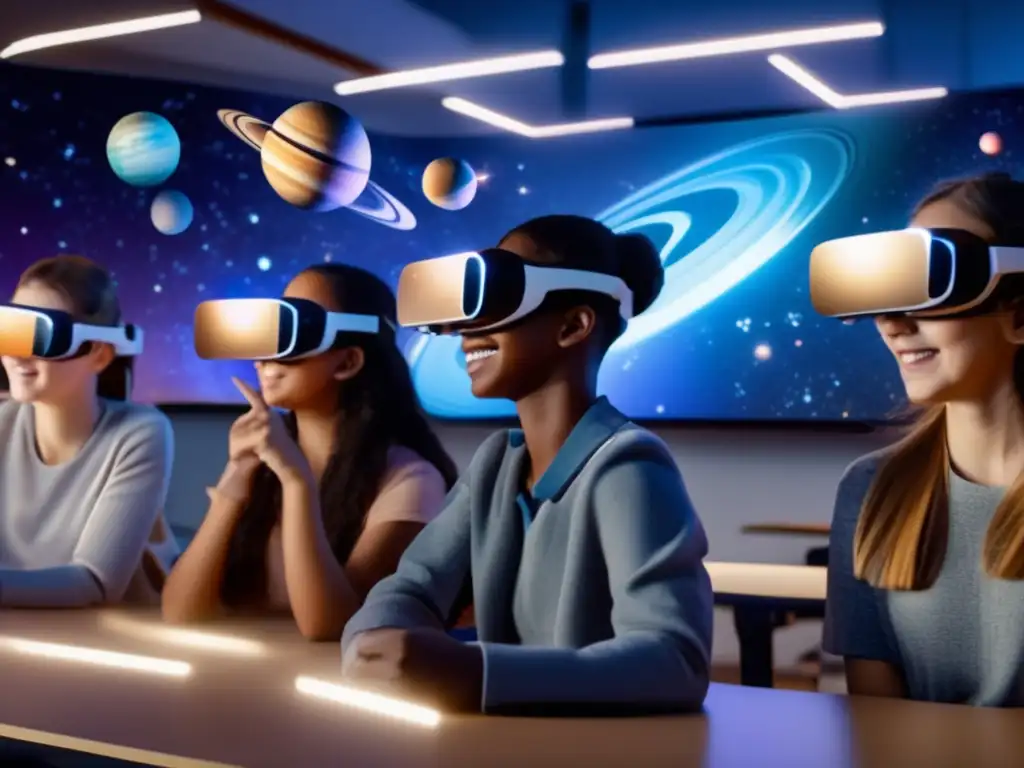 Un grupo de estudiantes con auriculares de realidad aumentada, explorando un aula convertida en un espacio virtual lleno de planetas y estrellas