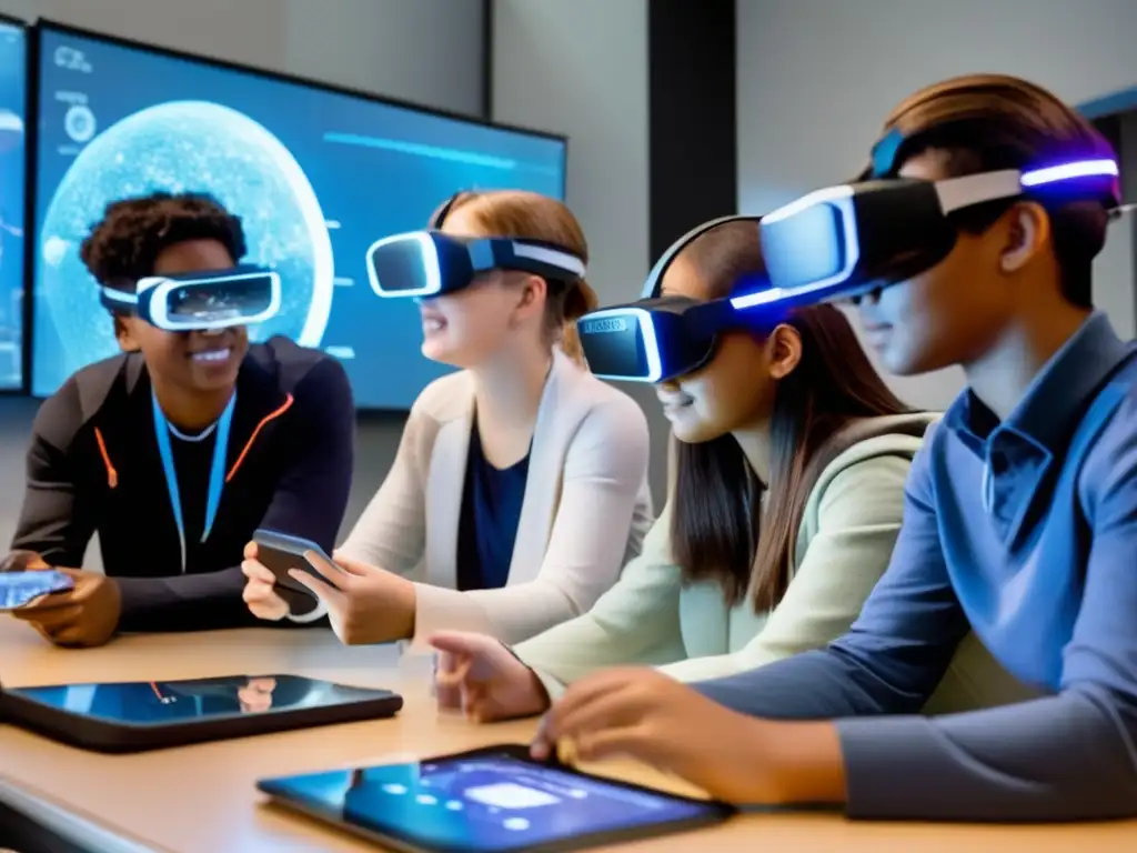 Estudiantes inmersos en laboratorio virtual de física con realidad aumentada Un grupo de estudiantes usando auriculares de realidad aumentada, inmersos en un laboratorio virtual de física interactiva