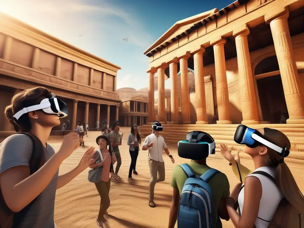 Un grupo de estudiantes usa auriculares de realidad virtual para explorar una ciudad antigua en una experiencia de historia interactiva