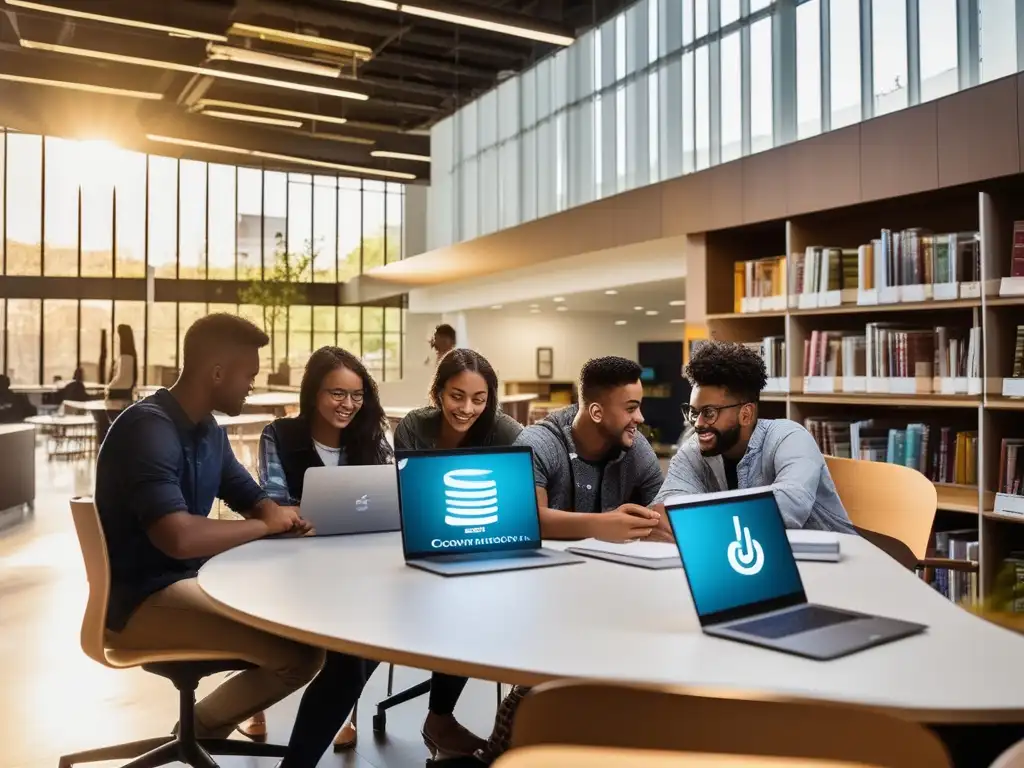 Un grupo de estudiantes colaborando en una biblioteca universitaria moderna, con iluminación LED eficiente y ventanas que dejan entrar luz natural