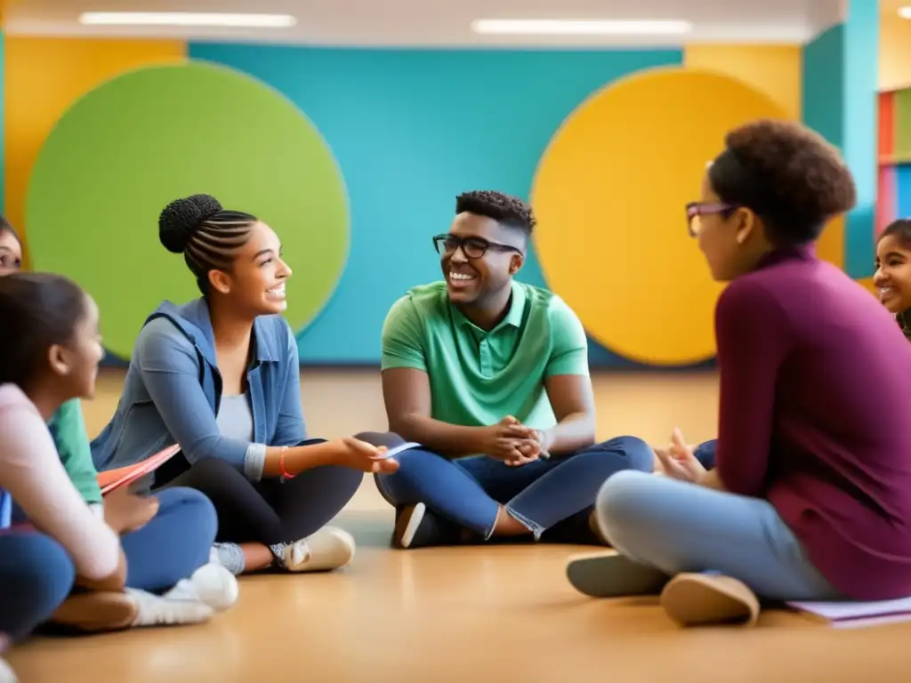 Un grupo de estudiantes diversos se sientan en círculo, participando en una animada discusión guiada por un tutor atento