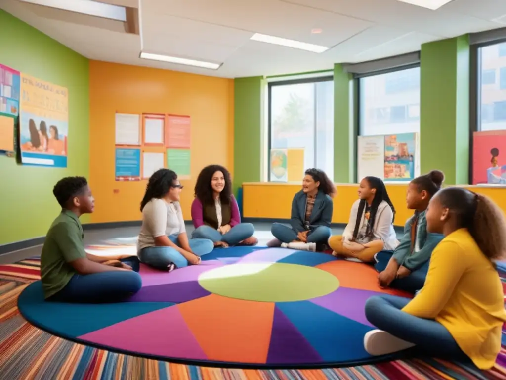 Un grupo de estudiantes diversos se sientan en círculo sobre una colorida alfombra en un aula bien iluminada