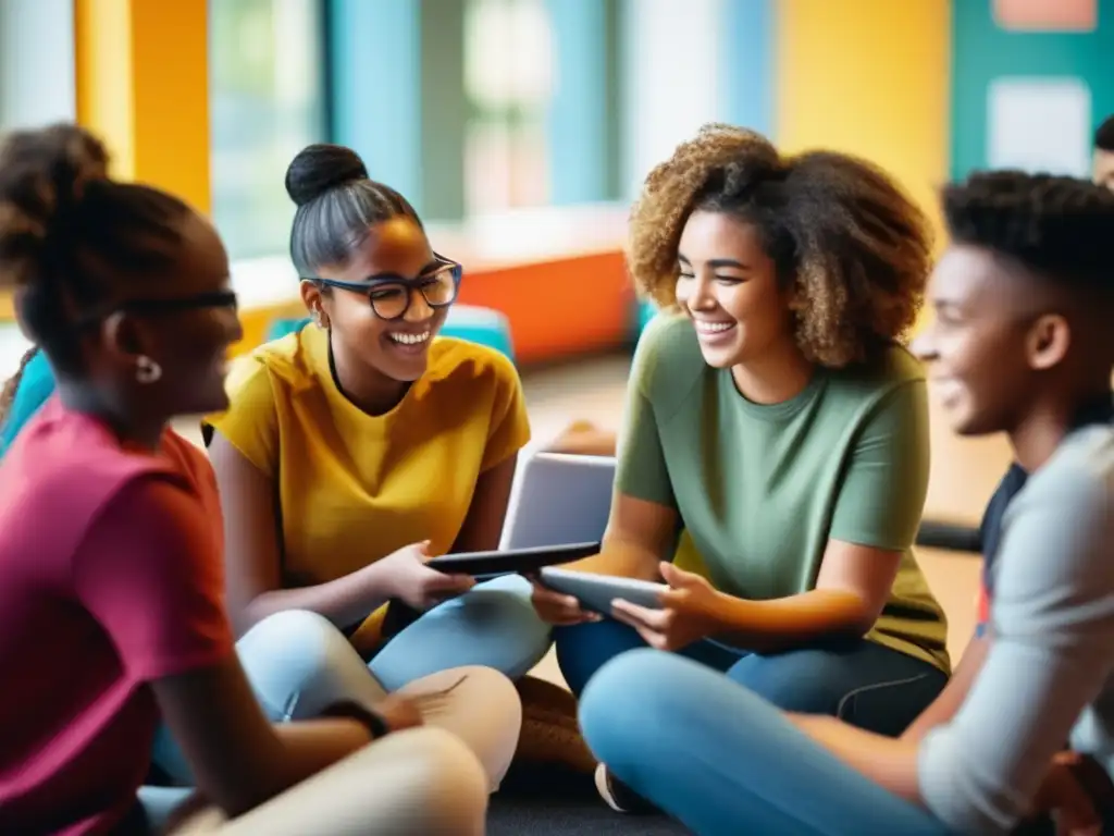 Un grupo de estudiantes diversos discuten y colaboran en un círculo, utilizando herramientas digitales para una educación inclusiva