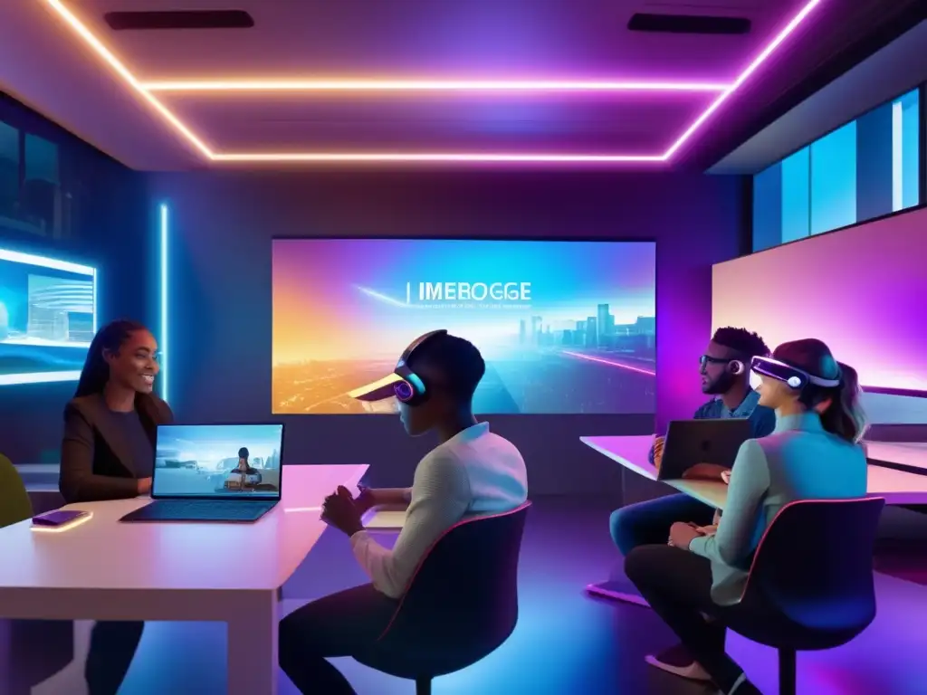 Aulas virtuales del futuro: Estudiantes inmersos en eBooks interactivos Un grupo de estudiantes diversos participa activamente en una clase virtual, inmersos en eBooks interactivos