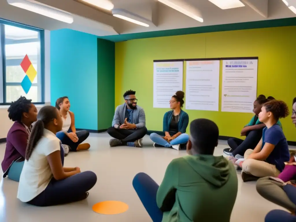 Un grupo de estudiantes diversos discute animadamente un cuento corto en un aula moderna, estimulando las tendencias del cuento corto contemporáneo