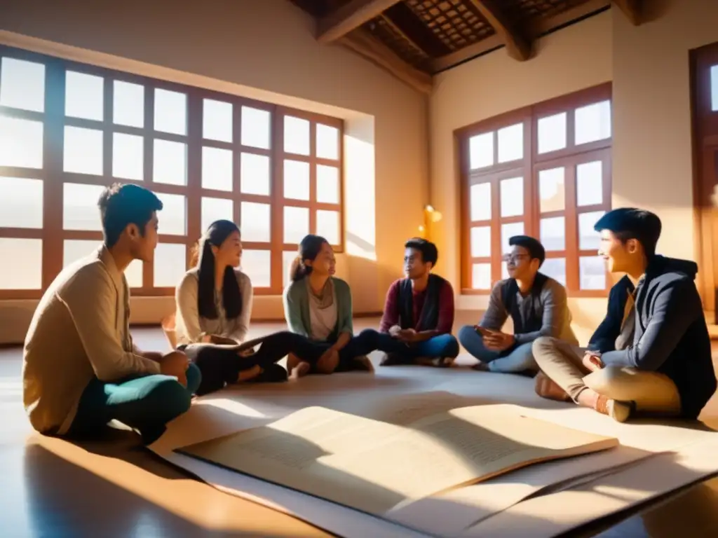 Un grupo de estudiantes diversos disfruta de una animada discusión sobre la Ruta de la Seda, iluminados por la cálida luz del sol