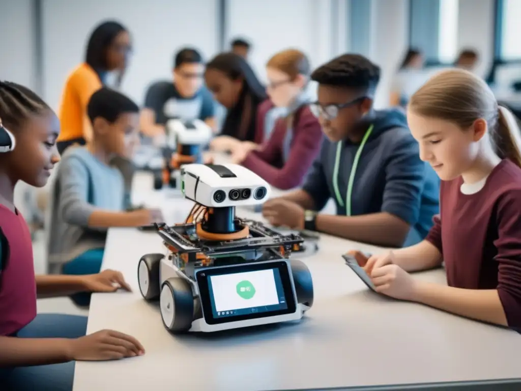 Emocionante taller de robótica con estudiantes diversos Un grupo de estudiantes diverso se sumerge en un apasionante taller de robótica en un aula moderna y equipada