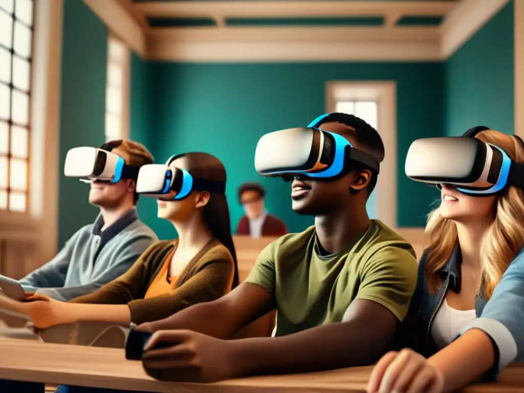 Un grupo de estudiantes explora emocionado un entorno educativo virtual con cascos de realidad virtual