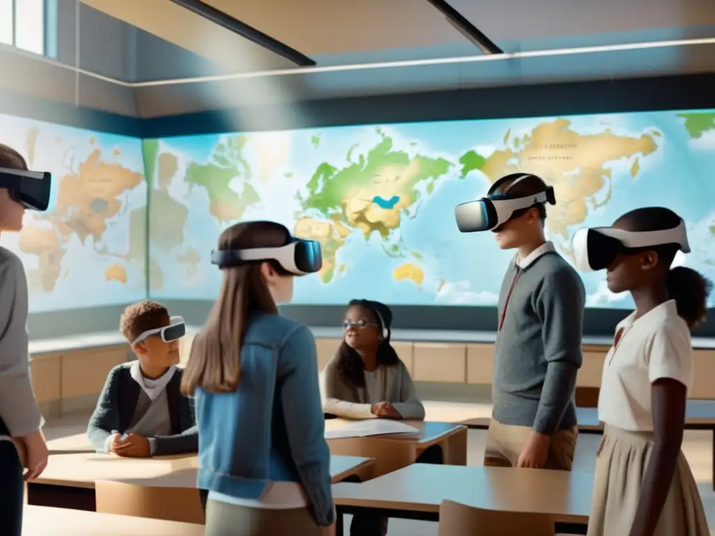 Un grupo de estudiantes emocionados participa en tutorías de historia interactivas con realidad virtual en un aula moderna y luminosa