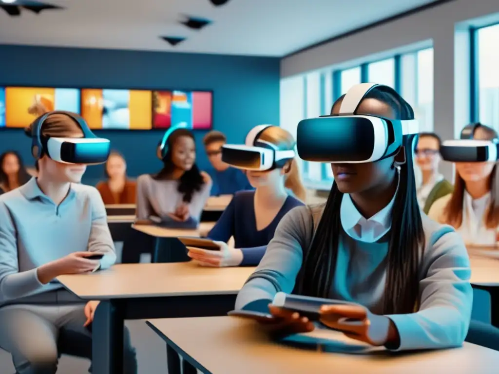 Experiencia inmersiva de realidad aumentada para estudiantes Un grupo de estudiantes disfruta de una experiencia inmersiva en realidad aumentada, explorando obras de arte en 3D