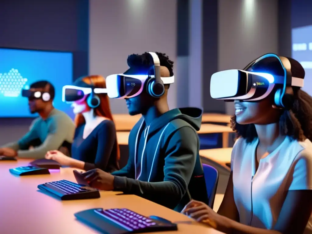 Un grupo de estudiantes diversos inmersos en un entorno digital para el aprendizaje de idiomas en línea