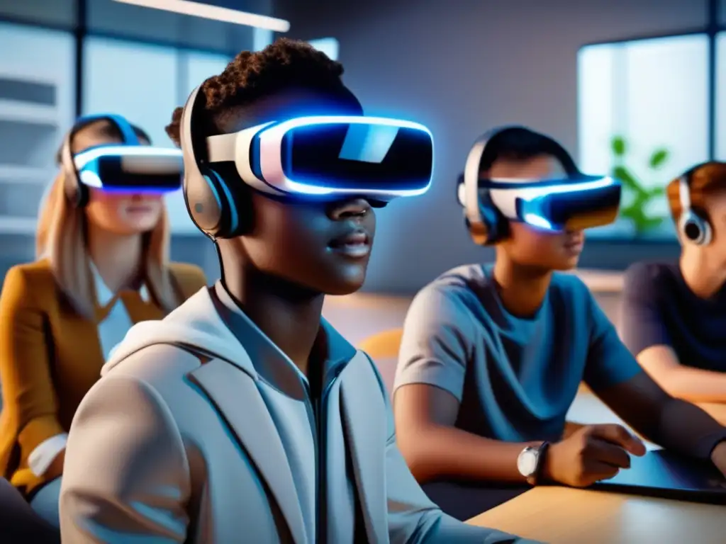 Descubre la revolución educativa con la realidad aumentada Un grupo de estudiantes inmersos en un entorno educativo virtual, con auriculares de realidad aumentada