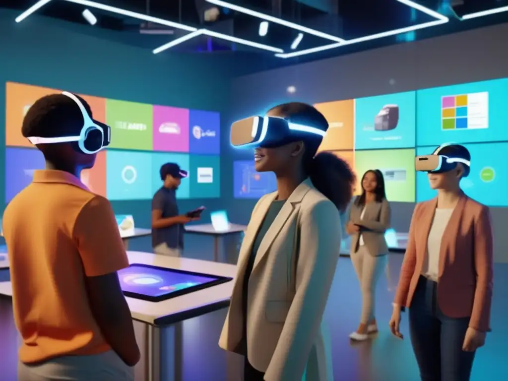 Revolución educativa: estudiantes inmersos en realidad aumentada Un grupo de estudiantes diversos, inmersos en un entorno educativo virtual gracias a sus gafas futuristas de realidad aumentada
