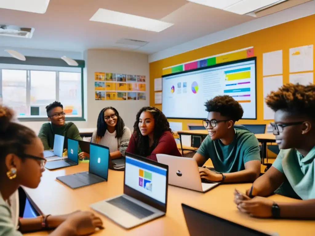 Un grupo de estudiantes diversos, inmersos en sus laptops, editan videos en un aula bien iluminada