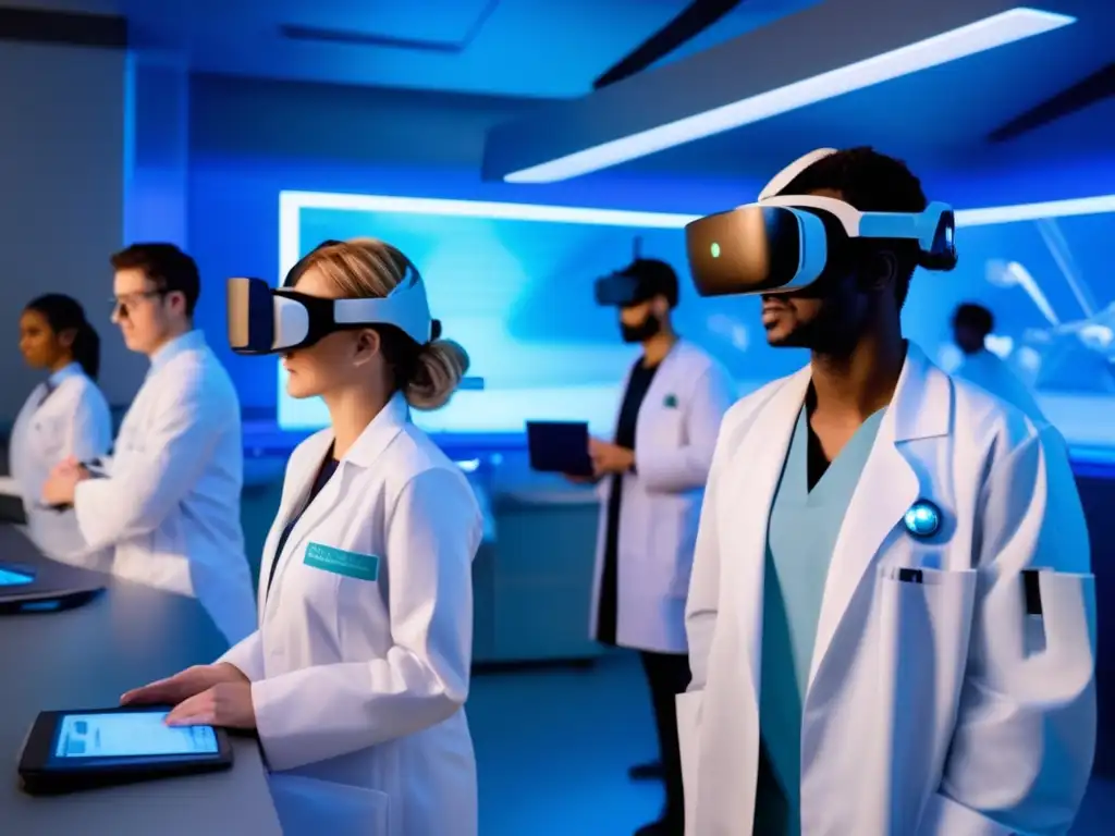 Un grupo de estudiantes de medicina, vestidos con batas blancas y auriculares de realidad virtual, inmersos en una simulación de entrenamiento en realidad aumentada