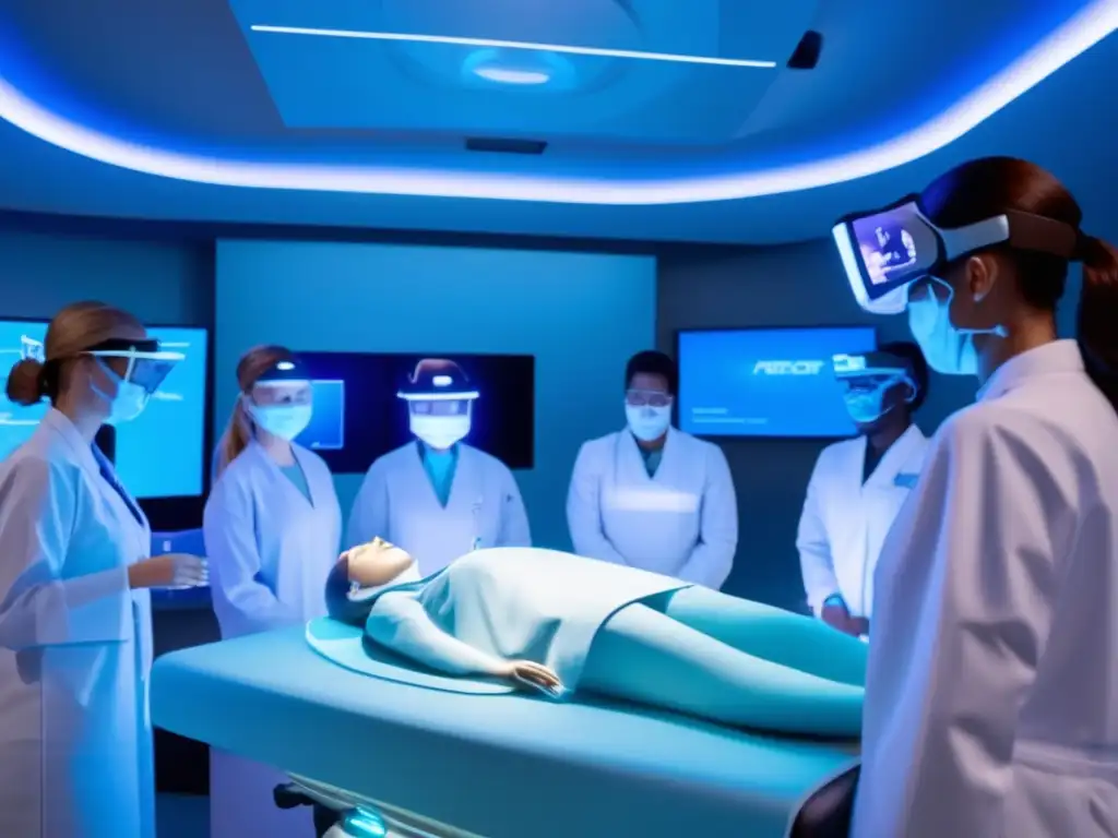 Un grupo de estudiantes médicos operando a un maniquí en una sala de simulación futurista