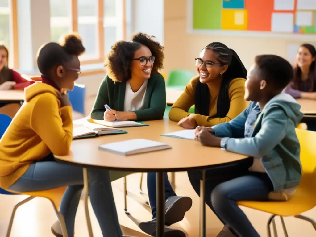 Un grupo de estudiantes diversos se sienta alrededor de una mesa circular en un aula iluminada