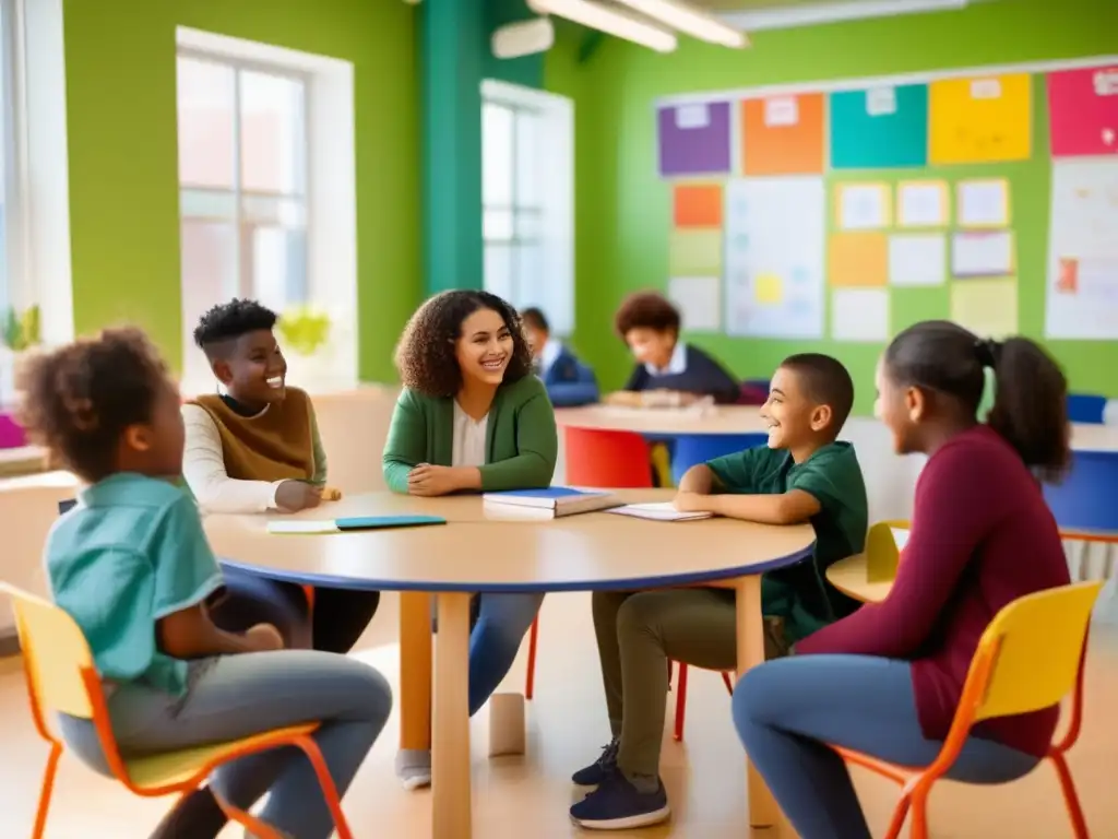 Un grupo de estudiantes diversos se sienta alrededor de una mesa circular en un aula bien iluminada