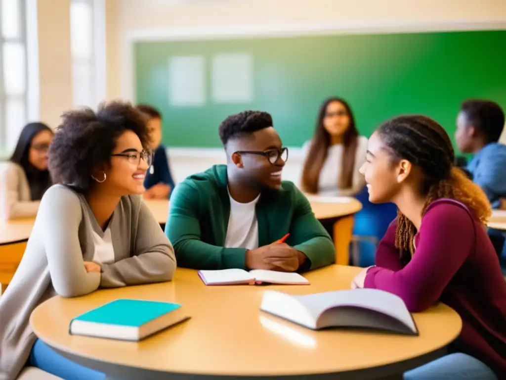 Un grupo de estudiantes diversos se sienta alrededor de una mesa circular en un aula bien iluminada