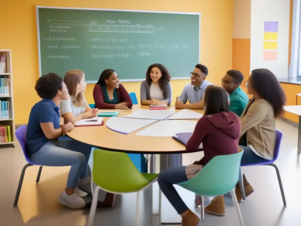 Un grupo de estudiantes diversos se sienta alrededor de una mesa circular en un aula luminosa