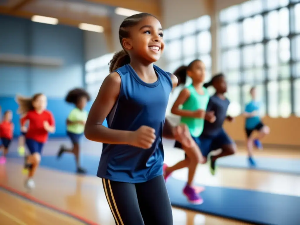 Un grupo de jóvenes estudiantes se ejercitan en un moderno gimnasio lleno de luz natural